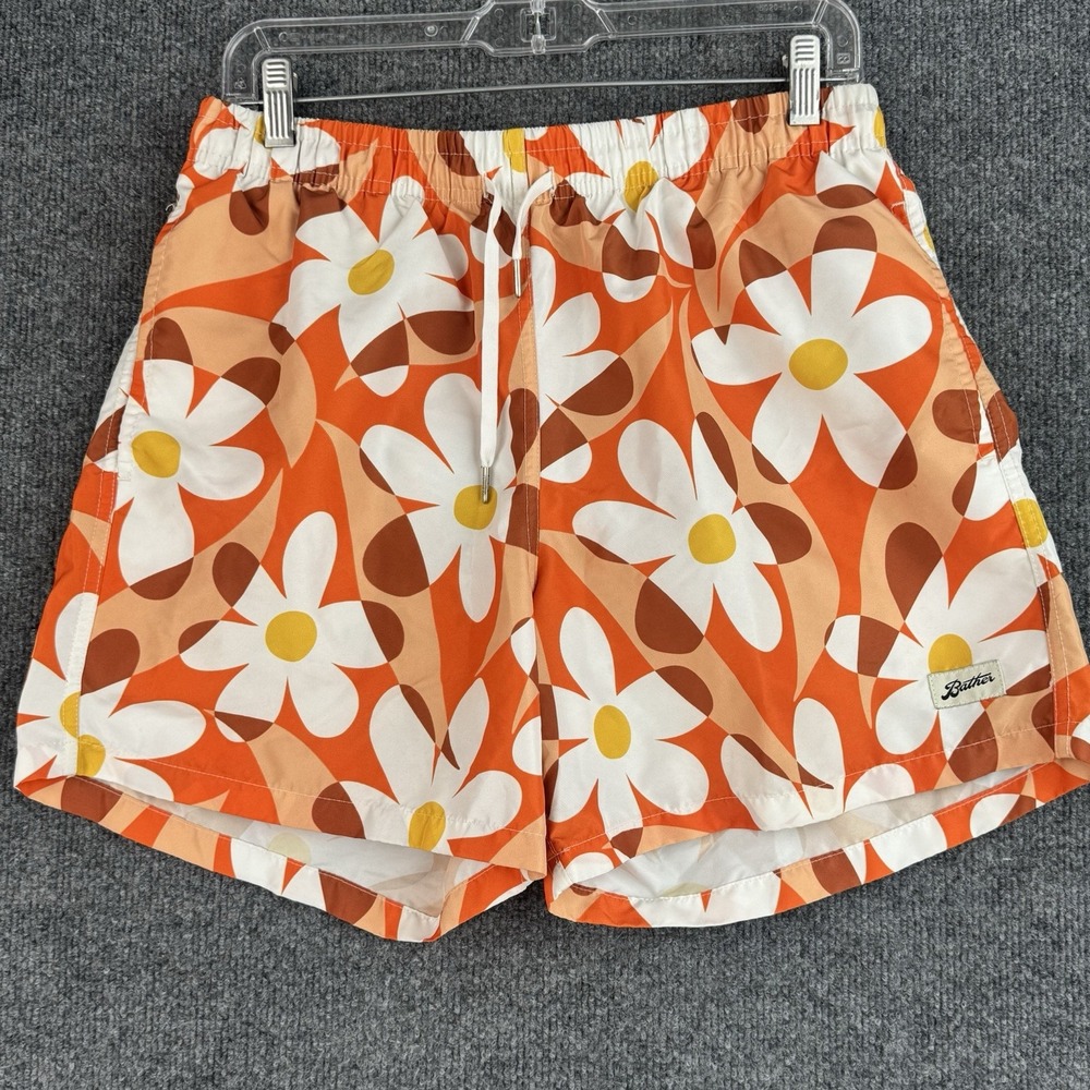 Bather Swim Trunks Mens L Orange Sunflower Floral Mesh Lined Swimwear Drawstring